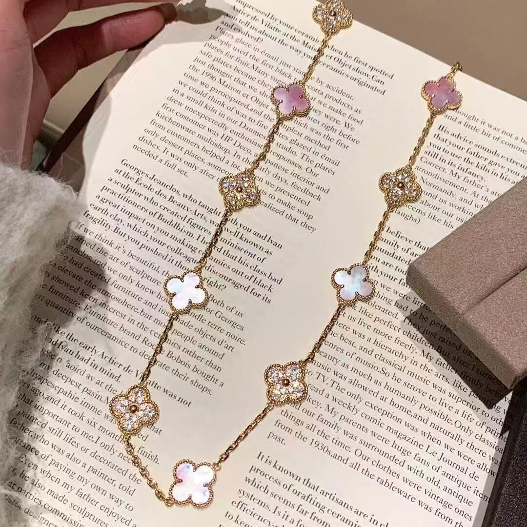 [RAFFINE]CLOVER 10 MOTIFS DIAMOND PINK MOP NECKLACE