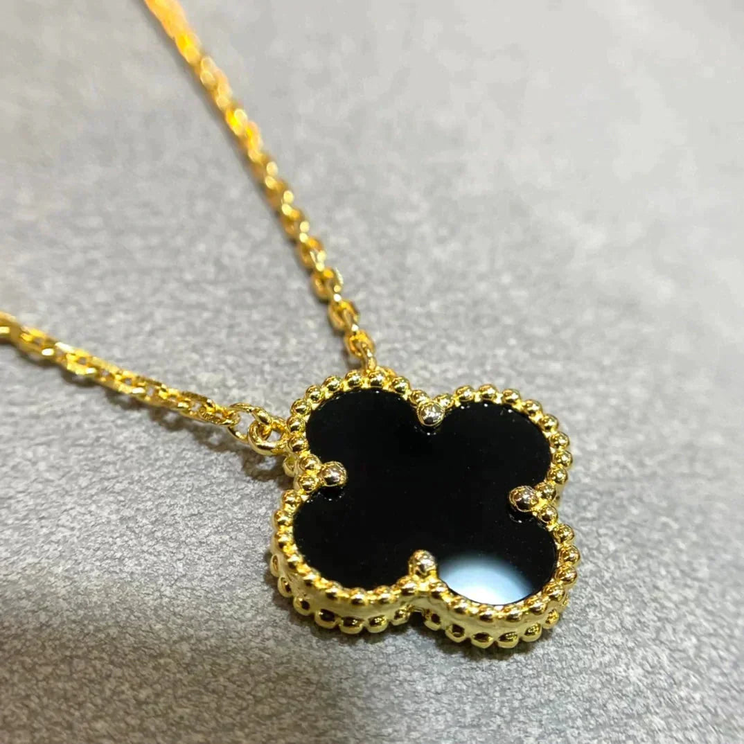 [RAFFINE]CLOVER 15MM BLACK ONYX SINGLE FLOWER NECKLACE