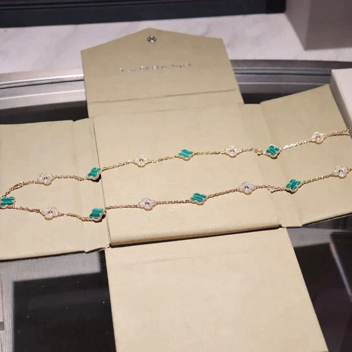 [RAFFINE]CLOVER 20 MOTIFS MALACHITE DIAMOND NECKLACE