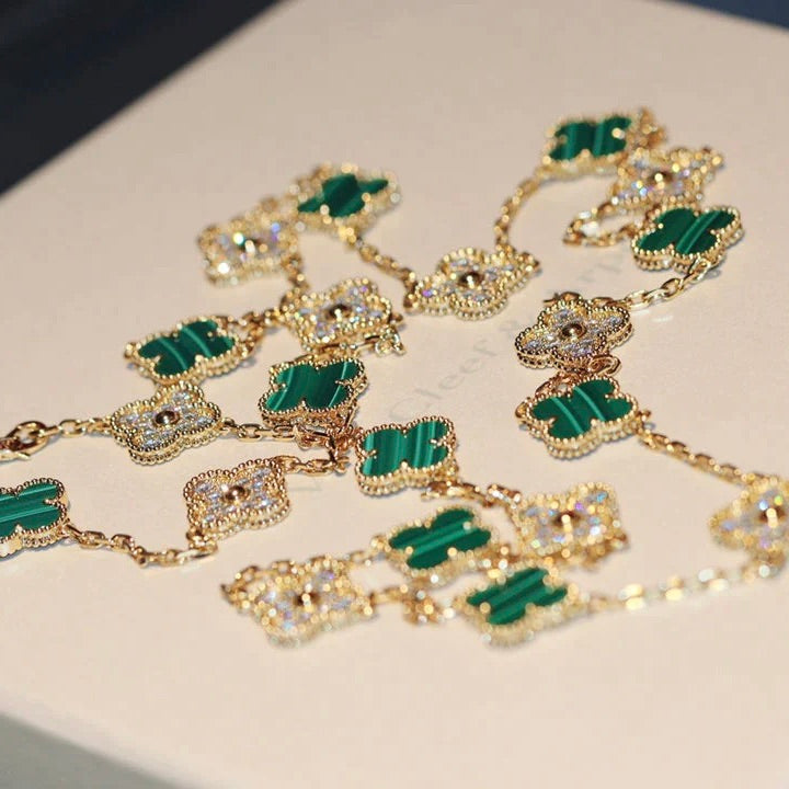 [RAFFINE]CLOVER 20 MOTIFS MALACHITE DIAMOND NECKLACE
