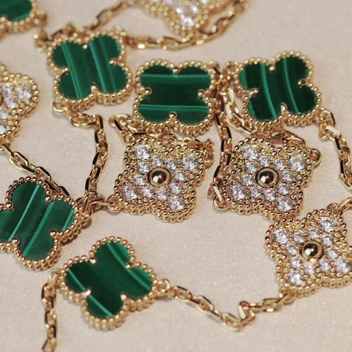 [RAFFINE]CLOVER 20 MOTIFS MALACHITE DIAMOND NECKLACE