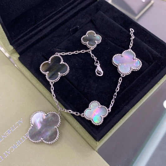 [RAFFINE]CLOVER 5 MOTIFS SIVLER DARK MOP BRACELET