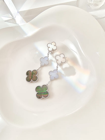 [RAFFINE]CLOVER 3 MOTIFS CHALCEDONY DARK MOP SILVER EARRINGS