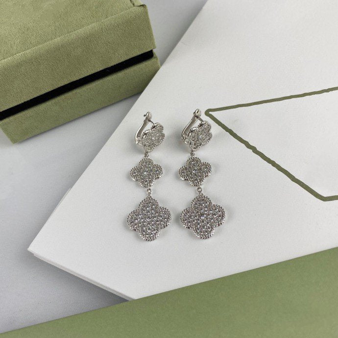 [RAFFINE]CLOVER 3 MOTIF DIAMOND SILVER DROP EARRINGS