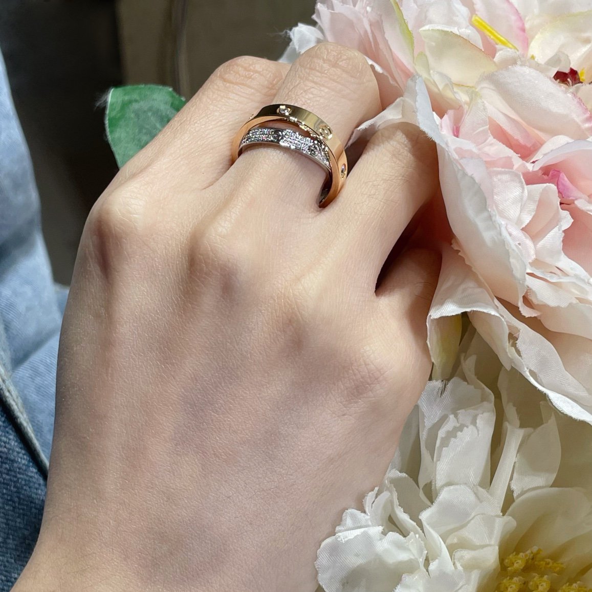 [RAFFINE]LOVE PINK GOLD SILVER DIAMOND DOUBLE RING