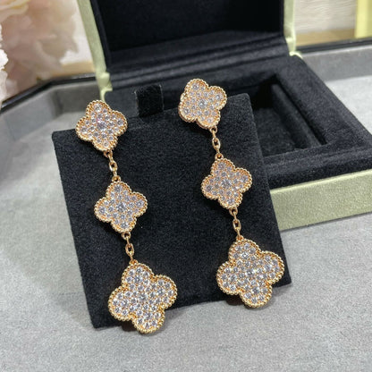 [RAFFINE]CLOVER 3 MOTIFS DIAMOND PAVED ROSE GOLD EARRINGS