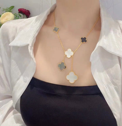 [RAFFINE]CLOVER 6 MOTIF MOP ONYX GOLD NECKLACE