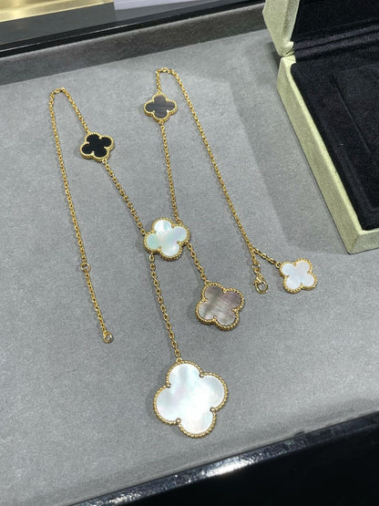 [RAFFINE]CLOVER 6 MOTIF MOP ONYX GOLD NECKLACE