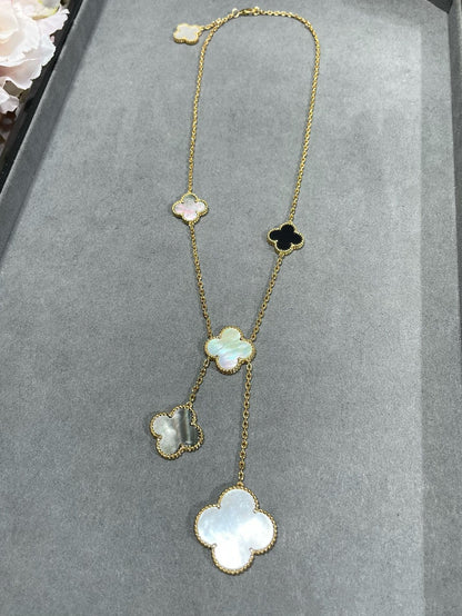 [RAFFINE]CLOVER 6 MOTIF MOP ONYX GOLD NECKLACE
