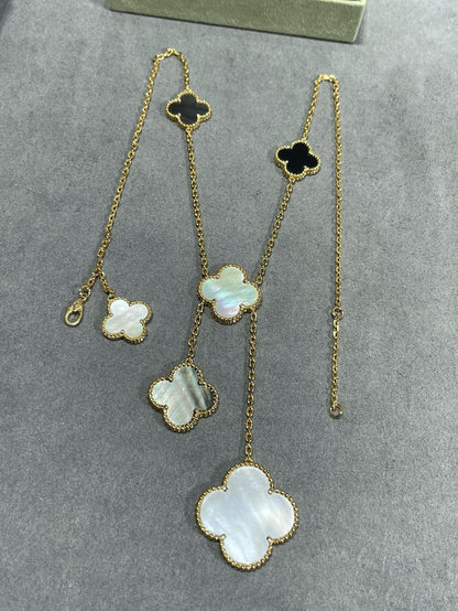 [RAFFINE]CLOVER 6 MOTIF MOP ONYX GOLD NECKLACE