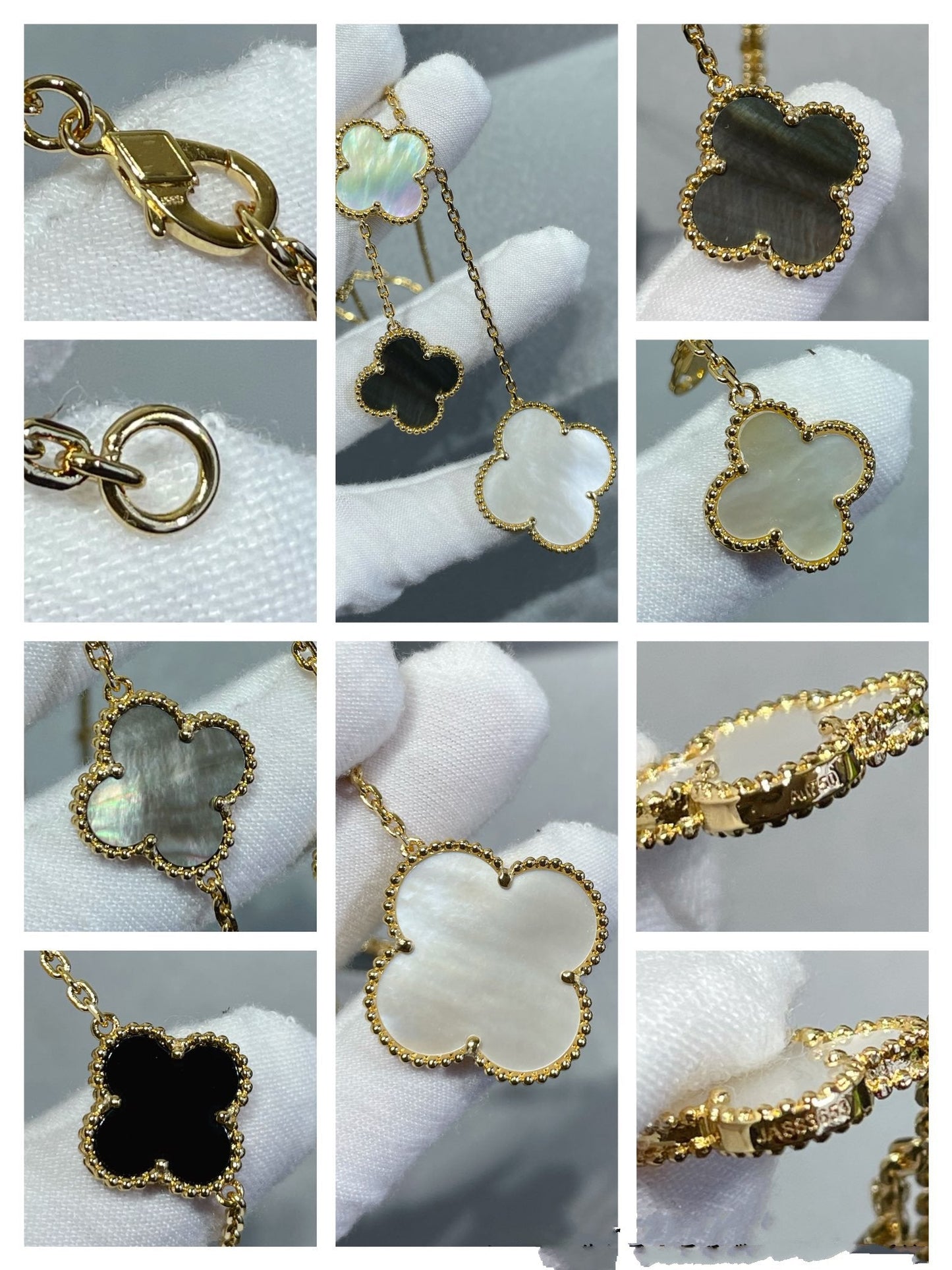 [RAFFINE]CLOVER 6 MOTIF MOP ONYX GOLD NECKLACE