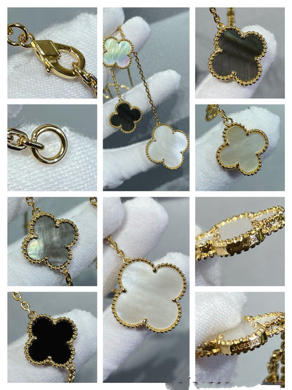 [RAFFINE]CLOVER 6 MOTIF MOP ONYX GOLD NECKLACE
