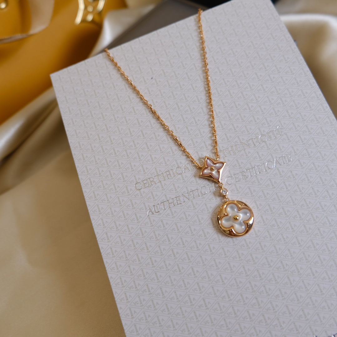 [RAFFINE]STAR AND SUN WHITE MOP 2 MOTIF PINK GOLD NECKLACE