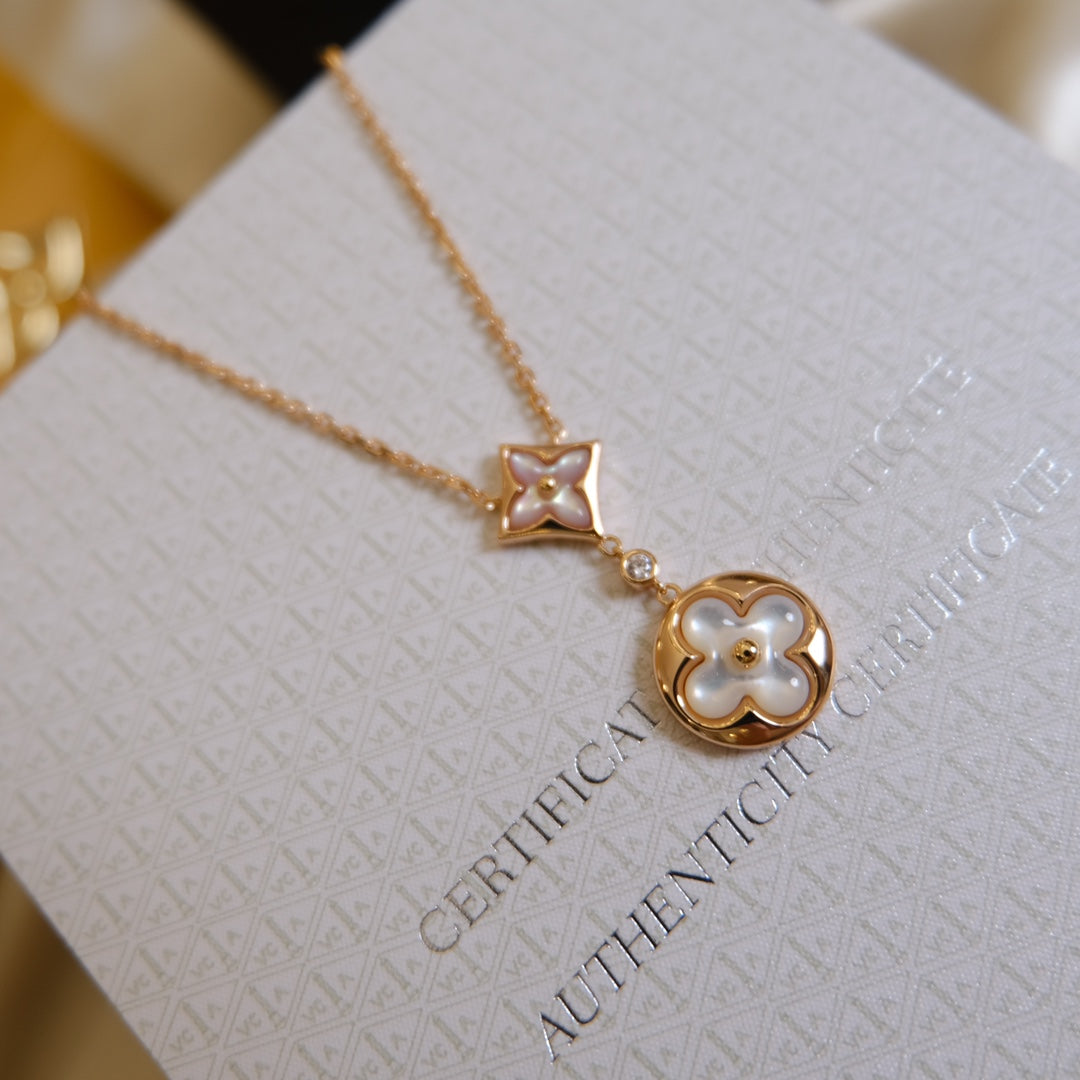 [RAFFINE]STAR AND SUN WHITE MOP 2 MOTIF PINK GOLD NECKLACE