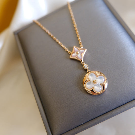 [RAFFINE]STAR AND SUN WHITE MOP 2 MOTIF PINK GOLD NECKLACE