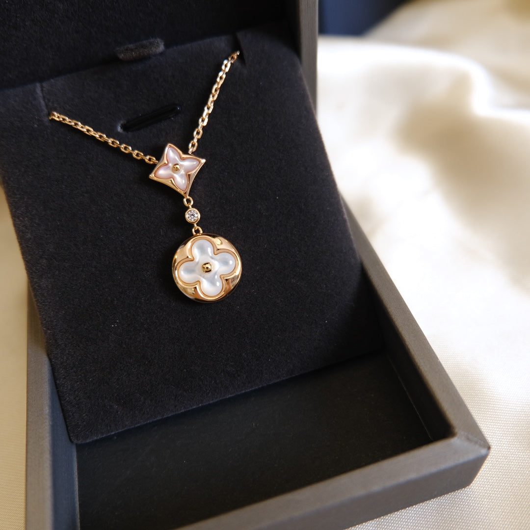 [RAFFINE]STAR AND SUN WHITE MOP 2 MOTIF PINK GOLD NECKLACE