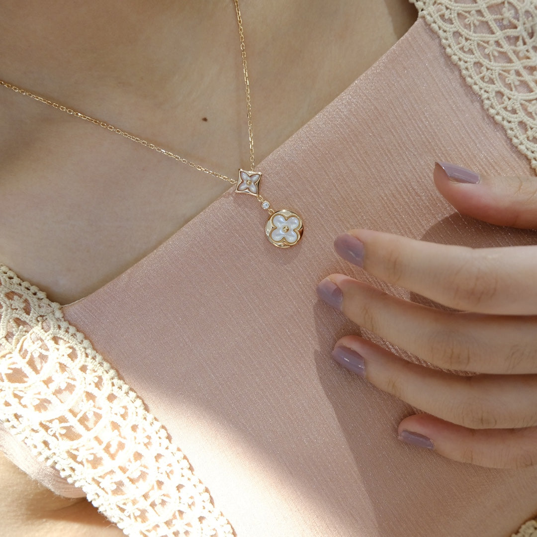 [RAFFINE]STAR AND SUN WHITE MOP 2 MOTIF PINK GOLD NECKLACE