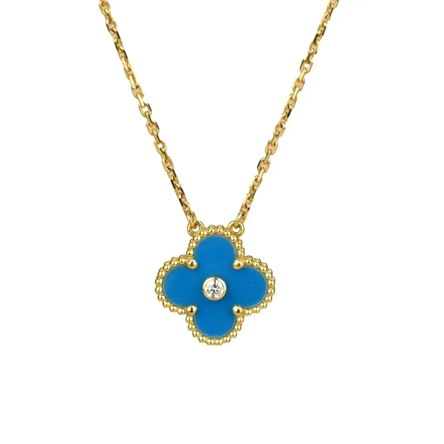 [RAFFINE]CLOVER 15MM DIAMOND AND BLUE AGATE NECKLACE