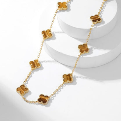 [RAFFINE]CLOVER 10 MOTIFS TIGER EYE NECKLACE