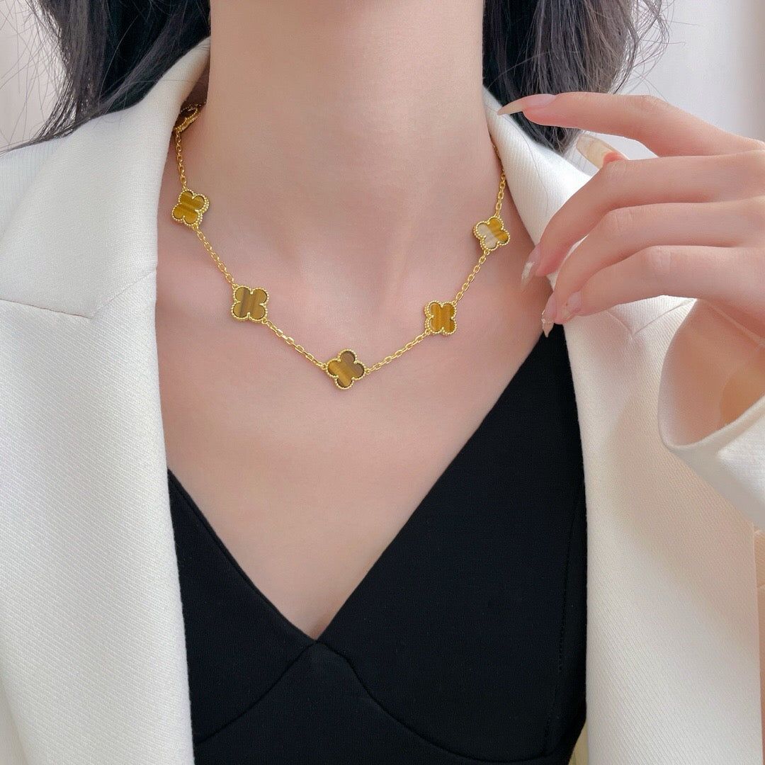 [RAFFINE]CLOVER 10 MOTIFS TIGER EYE NECKLACE