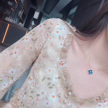 [RAFFINE]CLOVER 15MM DIAMOND AND BLUE AGATE NECKLACE