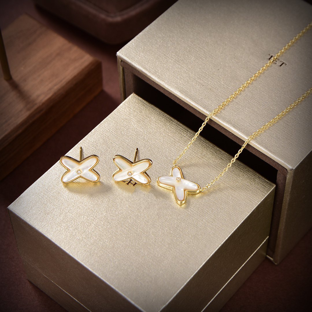 [RAFFINE]JEUX DE WHITE MOP GOLD DIAMOND EARRINGS