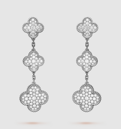 [RAFFINE]CLOVER 3 MOTIF DIAMOND SILVER DROP EARRINGS