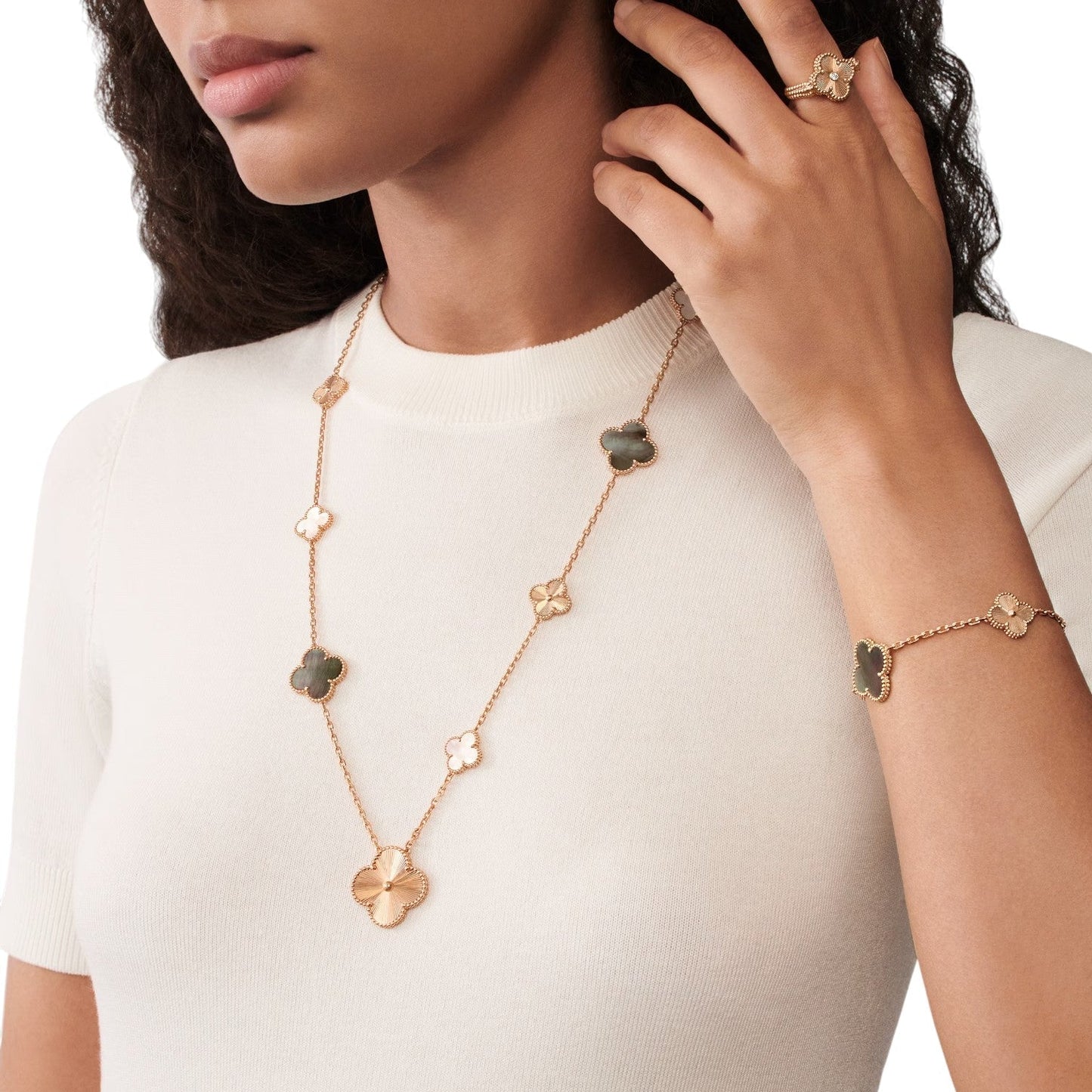 [RAFFINE]DETACHABLE CLOVER 15(11+4) FLOWER ROSE GOLD NECKLACE SET