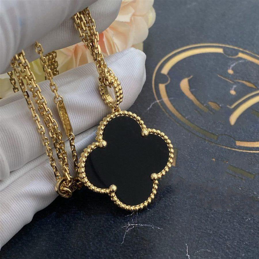 [RAFFINE]CLOVER 25MM GOLD ONYX BIG CLOVER NECKLACE